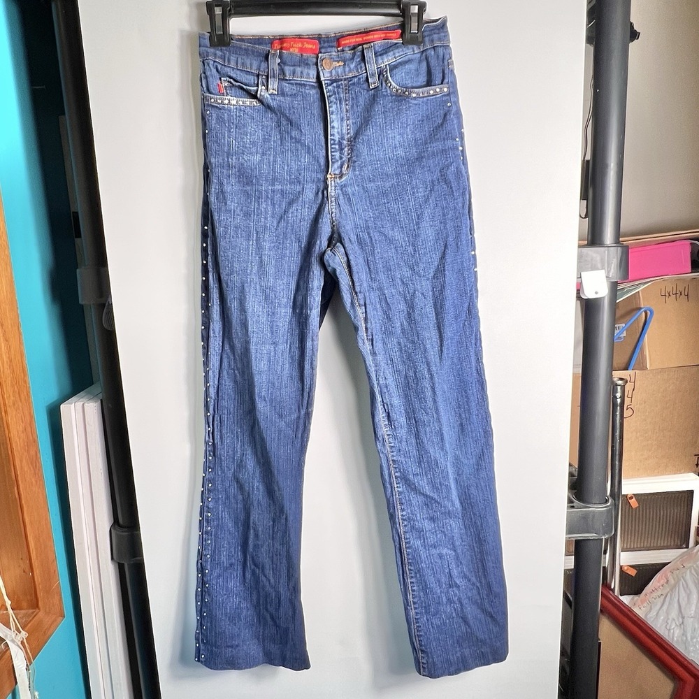 Vtg NYDJ Tummy Tuck Jeans Womens S 10 Rhinestone Trim Bootcut Blue USA **READ